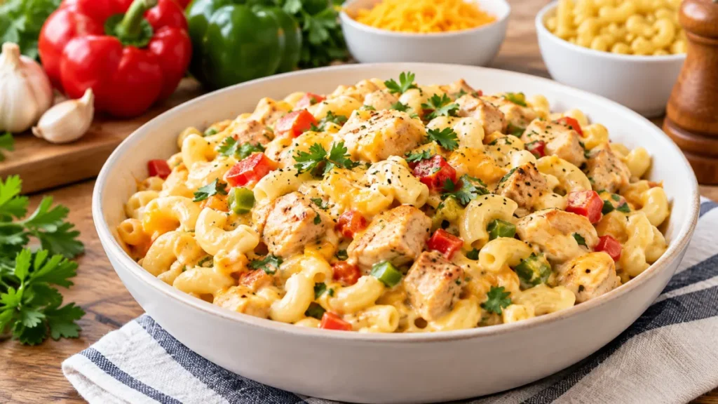 Chicken macaroni is a satisfying meal with tender chicken, filling pasta, flavorful vegetables, and a creamy cheese sauce. Customize it with your favorite ingredients.