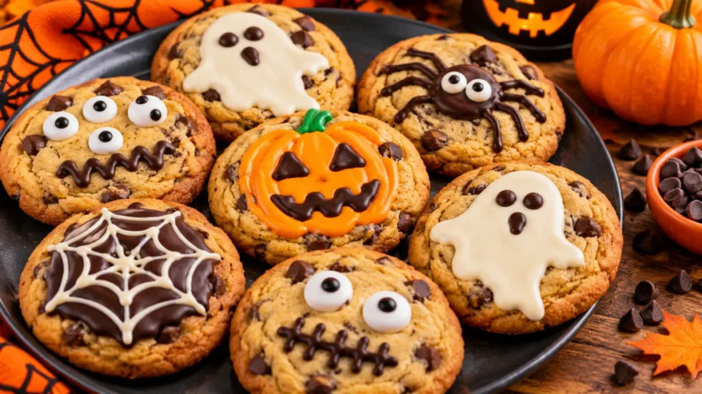 Simple Halloween cookie decorating ideas featuring monsters, ghosts, spiderwebs, and pumpkins.