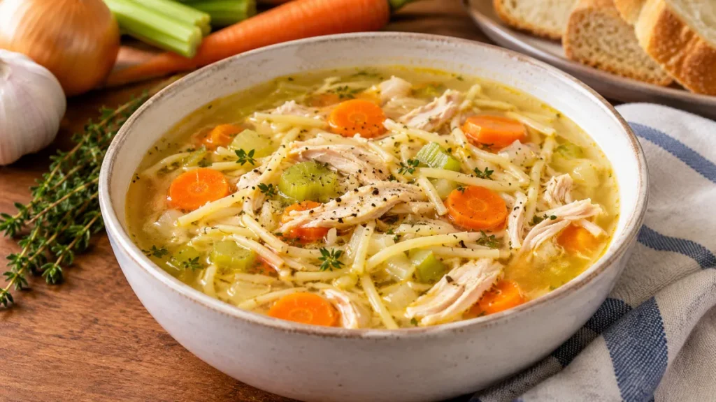 A comforting bowl of chicken soup with tender chicken, spaghetti, carrots, celery, and flavorful broth.
