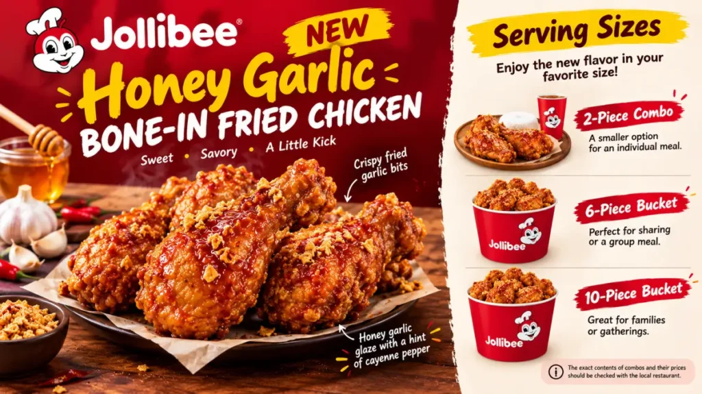 Jollibee Honey Garlic Bone-In Fried Chicken coated in glossy honey garlic sauce and topped with crispy garlic bits.