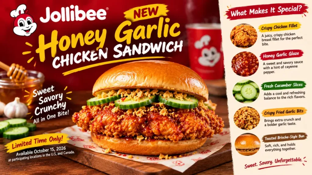 The new Jollibee Honey Garlic Chicken Sandwich combines crispy fried chicken, honey garlic glaze, fresh cucumber slices, and fried garlic bits on a toasted brioche-style bun.