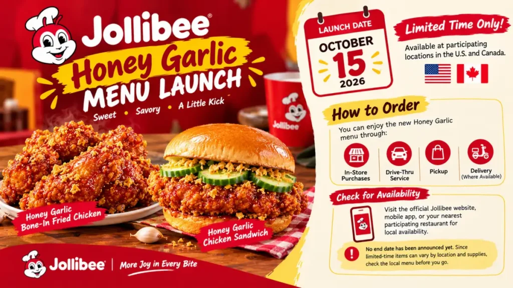 Jollibee Honey Garlic menu launch announcement showing the October 15, 2026 release date and availability in the U.S. and Canada.