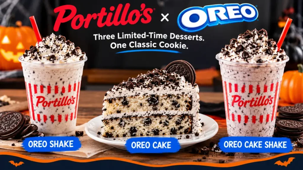 he new Portillo’s Oreo dessert lineup features an Oreo Shake, Oreo Cake, and Oreo Cake Shake, each offering a different way to enjoy OREO cookies.