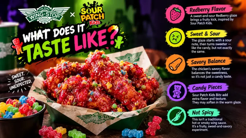Wingstop Wicked Punch chicken wings coated in redberry glaze and topped with colorful Sour Patch Kids candy pieces.