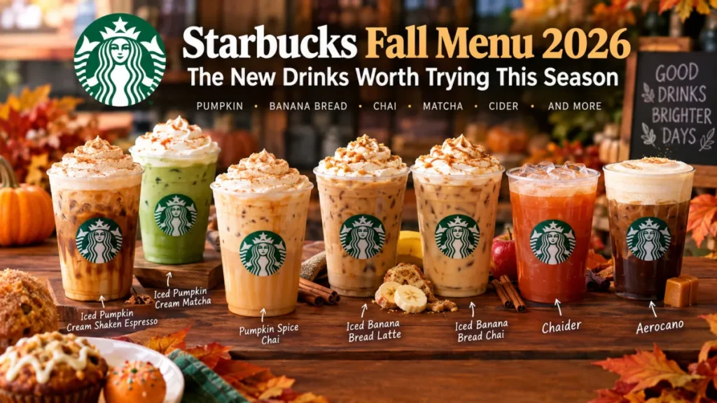 Starbucks Fall Menu 2026 features classic pumpkin favorites alongside new banana bread, chai, matcha, Chaider and Aerocano drinks.