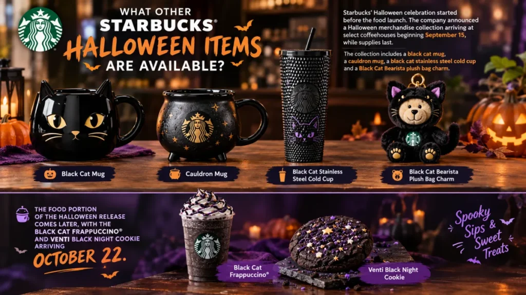 Starbucks Halloween merchandise including black cat mug, cauldron mug, stainless steel cold cup and Bearista plush charm
