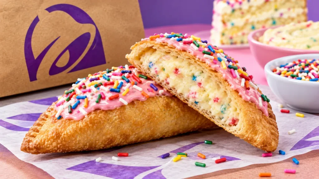 Birthday Cake Empanada cut open to reveal creamy cake batter filling beneath pink icing.