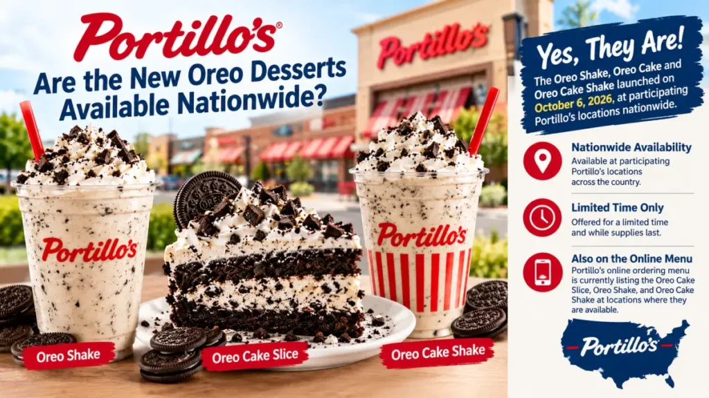 The Portillo’s and OREO collaboration brings three limited-time treats together: the Oreo Shake, Oreo Cake, and Oreo Cake Shake.