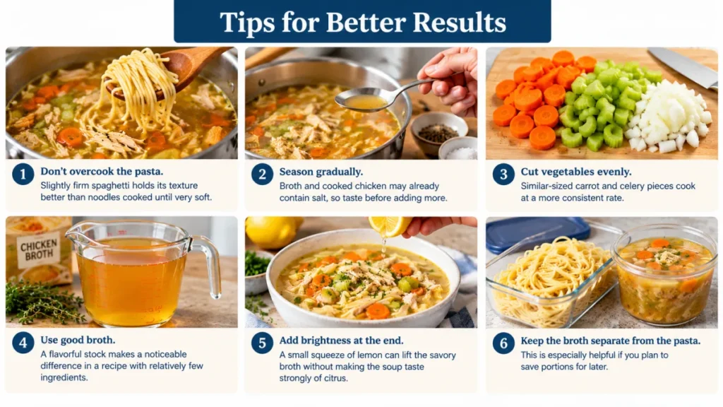 Simple tips for perfect chicken soup, including cooking pasta properly, seasoning gradually, using fresh vegetables, and storing pasta separately from the broth.