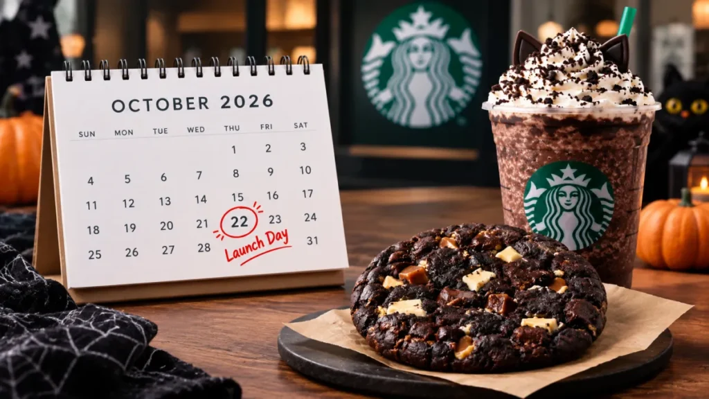 Venti Black Night Cookie and Starbucks drink beside an October 2026 calendar showing October 22