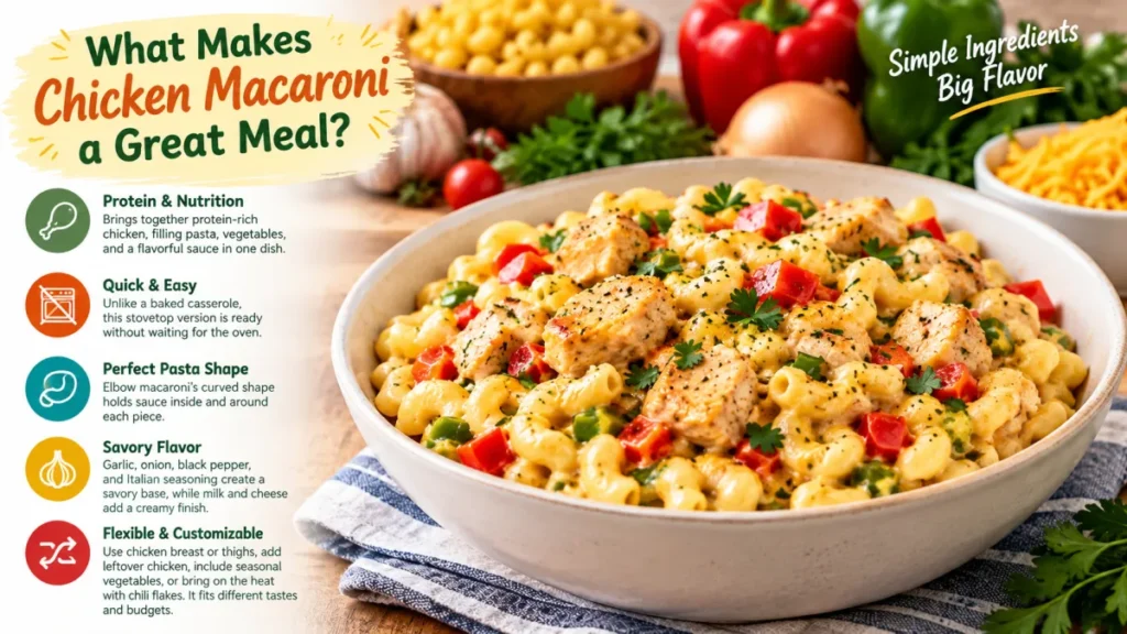 Chicken macaroni with creamy cheese sauce and vegetables illustrating a quick, versatile stovetop dinner.
