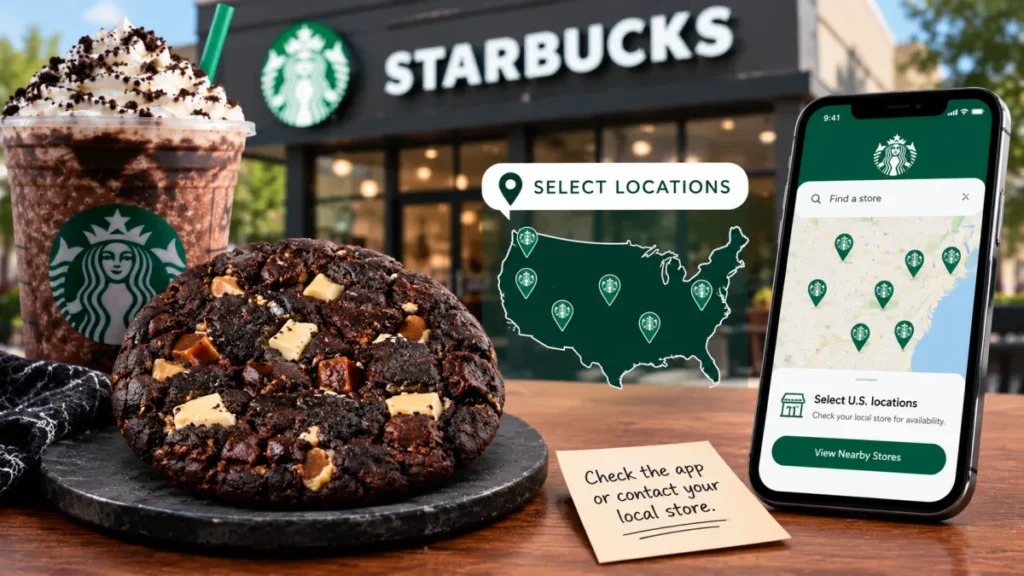 Venti Black Night Cookie beside a Starbucks drink and phone showing nearby store locations