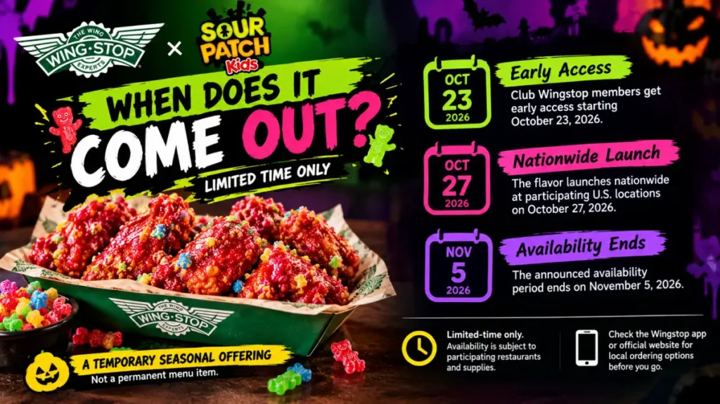Wingstop Sour Patch Kids Wicked Punch Halloween promotion showing the October 23 early access date, October 27 launch, and November 5 end date.