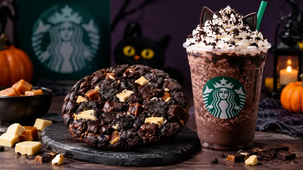 Starbucks Venti Black Night Cookie with caramel fudge and white chocolate pieces beside a Black Cat Frappuccino